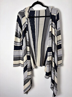 Goddis Striped Hooded Waterfall Cardigan Navy Gray Cream S/M